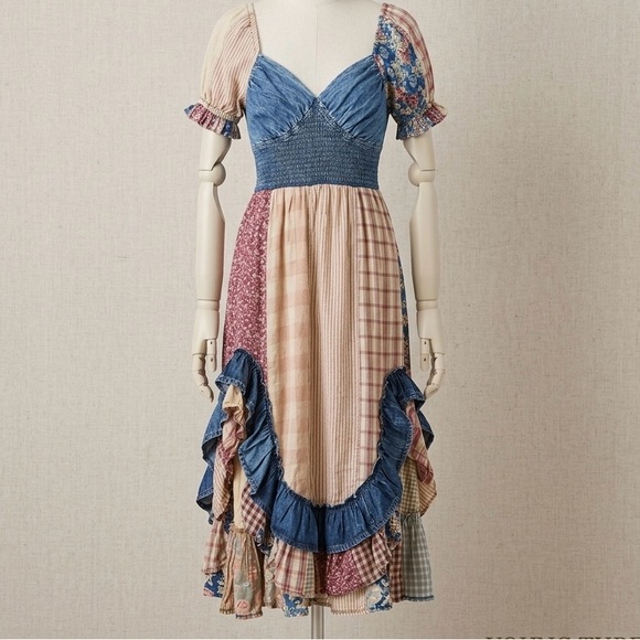 Young Threads Dresses & Skirts - Young Threads Patchwork Midi Dress | Denim & Floral Boho Cottagecore | Size M